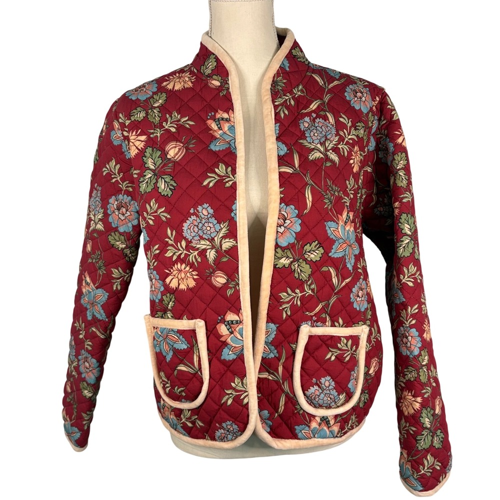Marigold by Victoria Dunn Quilted Cotton Floral Open Front Jacket Burgundy XL - Picture 2 of 8